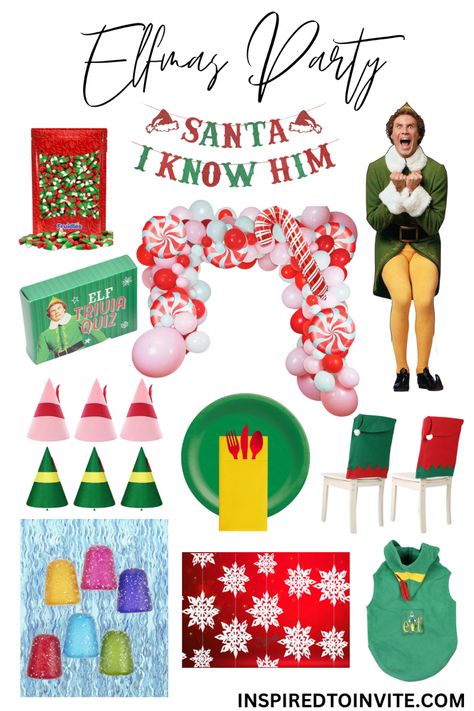 Bring Buddy the Elf to life at your next Christmas Party! #elfmas #christmaspartyideas #christmaspartydecorations #elfchristmasparty #christmaspartytheme #buddytheelf #elfparty #christmaspartydecor Christmas Buddy The Elf, Elf Movie Table Decorations, Elf Themed Christmas Party Decorations, Christmas Party Elf Theme, Elf Movie Christmas Party Ideas, Elf Christmas Party Decorations, Buddy The Elf Party Invitations, Buddy The Elf Parade Float Ideas, Elf Movie Party Decorations