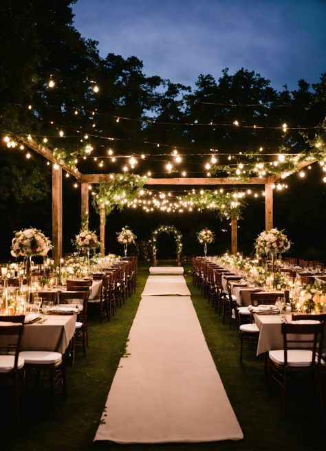 Backyard Wedding Walkway Ideas, Wedding Idea Outdoor, Outside Wedding Fairy Lights, Aesthetic Wedding Venues Simple, Wedding Areas Outdoor, Wedding Venues Backyard, Wedding Venues Aisle, Outdoor Ranch Wedding Decor, Outside Backyard Wedding Ideas