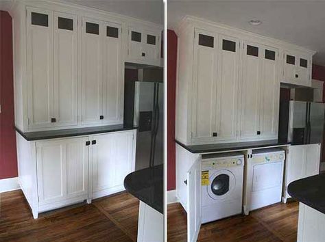 Dryer Cabinet, Laundry In Kitchen, Laundry Cupboard, Laundry Doors, Laundry Kitchen, Hidden Laundry, Small Laundry Room Makeover, Laundry Equipment, Laundry Ideas