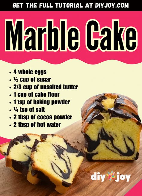 Easy-to-Make Classic Marble Cake via @diyjoycrafts Cake Decorations Ideas Simple, Marble Cake Easy, Marble Butter Cake, Marble Loaf Cake Recipes, How To Make Marble Cake, Simple Marble Cake Recipe, Easy Marble Cake Recipe, Marble Cake Recipe Moist, Hobby Baking