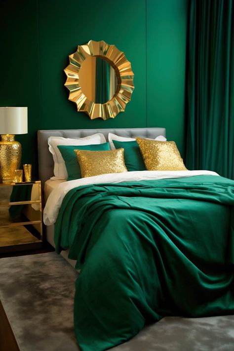 21 Emerald Green Bedrooms That Redefine Modern Luxury Deep Purple Room, Emerald Green Gold Bedroom, Moody Purple Bedroom, Green Gold Bedroom, Emerald Green Rooms, Emerald Bedroom, Seafoam Green Bedroom, Girls Bedroom Bedding, Emerald Green Bedrooms