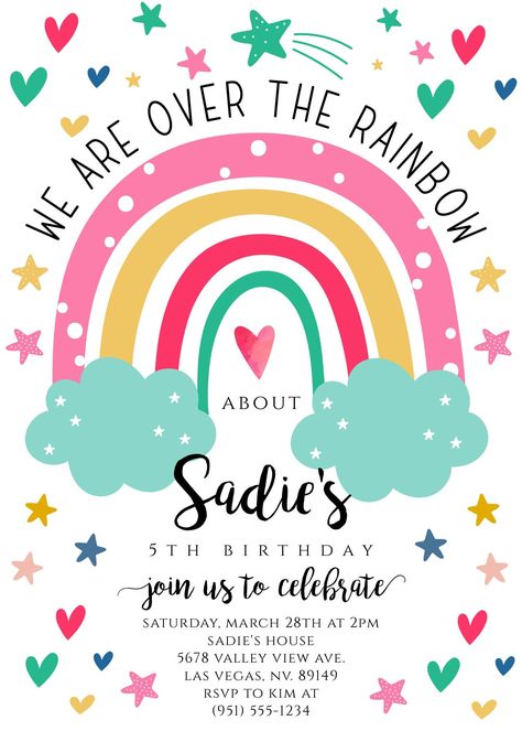 Rainbow Party Invitations: Invite your friends to a magical celebration with our colorful templates. Choose from a variety of designs, including rainbows, unicorns, and. 
#HelloKittyFont #CuteTypography #SanrioStyle #KawaiiLetters #HelloKittyLove Rainbow Invitation Template, Rainbow Party Invitations, Rainbow Invitation, 7th Birthday Party Ideas, Rainbow Birthday Invitations, Rainbow Invitations, Bday Invitations, 1st Birthday Party Invitations, Magical Rainbow