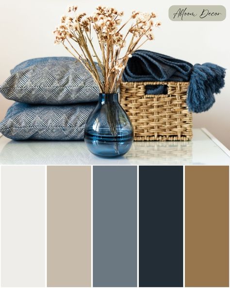 This post is all about my cozy color scheme! My inspiration for this blue and brown color palette is a photograph of a blue vase with dried flowers sitting in front of a woven basket holding a blue throw blanket next to decorative blue and cream-colored pillows. This color palette features earthy cream, blue, and brown hues. In my blog post, I discuss cozy tone colors and provide the color palette hex codes and Sherwin-Williams paint color matches. Grey Beige Navy Color Scheme, Paint Colors For Blue Couch, Navy Brown And Cream Living Room, Blue Gray Brown Living Room Decorating Ideas, Grey Blue Decor Living Room, Color Matching Living Room, Beige Brown Blue Living Room, Navy Blue Beige Brown Living Room, Living Room Blue Palette