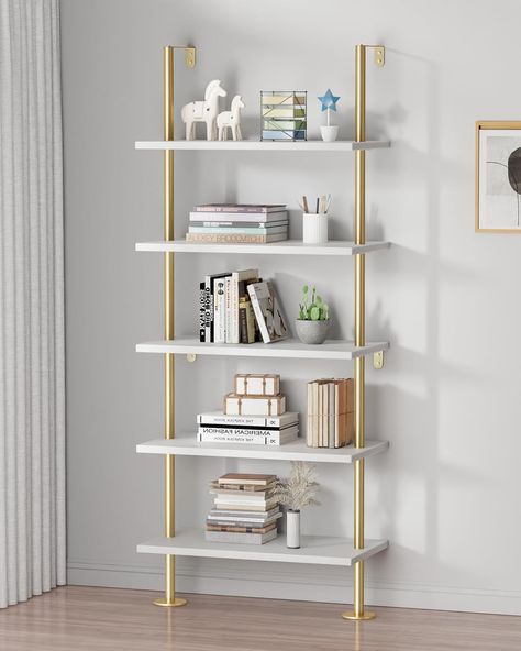 Amazon.com: pickpiff Ladder Shelf Bookcase 5 Tier, Extra Sturdy Modern Bookshelf Wall Mounted, Tall Standing Open Shelf White and Gold, Industrial Metal Frame with Wooden Shelf : Home & Kitchen White And Gold Bedroom Wall Shelves, White And Gold Office Shelves, Office Trendy Book Shelf, Gold Bookshelf Target, Shelves In Bedroom For Books Wire White, Modern Bookshelf Wall, Bookshelf Wall Mounted, James Theo, Gold Bookshelf