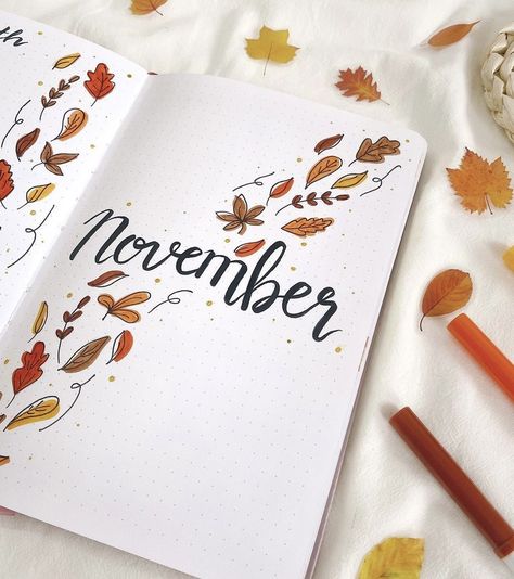 November Bujo Cover, Winter Bujo, November Cover Page, November Bujo, Autumn Bullet Journal, Tittle Ideas, Bujo Spreads, Bullet Journal Month, Bullet Journal Cover Ideas