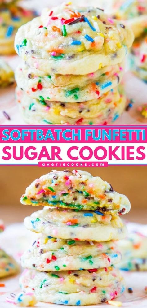 Easy Funfetti Cookies (From Scratch!) - Averie Cooks Sourdough Funfetti Cookies, Confetti Cookies Recipe Cake Mixes, Funfetti Sandwich Cookies, Birthday Cake Sugar Cookies, Fun Fetti Cookies, Confetti Recipes, Funfetti Cake Cookies, Cake Flour Cookies, Confetti Cake Mix Cookies