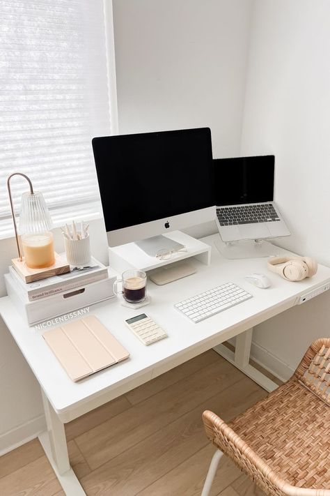 neutral minimalist aesthetic work from home set up Neutral Minimalist Aesthetic, Aesthetic Work From Home, Neutral Home Office, Home Office Desk Setup, Aesthetic Workspace, Office Decor Workplace, Standing Desk Office, Work Office Decor, Cozy Home Office