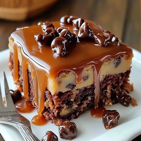 (2) Tracey Recipes - Gooey Caramel Turtle Poke Cake Ingredients: 1... | Facebook Chinese Roll, Fritter Bites, Turtle Poke Cake, Dollar Cake, Doritos Chicken, Swirl Cookies, Boil Potatoes, Cherry Bars, Hawaiian Roll