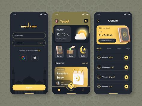 Muslim App - UI Mobile Design by Ru'ya Shadiqa on Dribbble Muslim Apps, Mobile App Ui Design Inspiration, Modern App Design, Ui Mobile Design, App Ui Design Inspiration, Ui Design Ideas, Creative Ui Design, Islamic Apps, Ui App Design