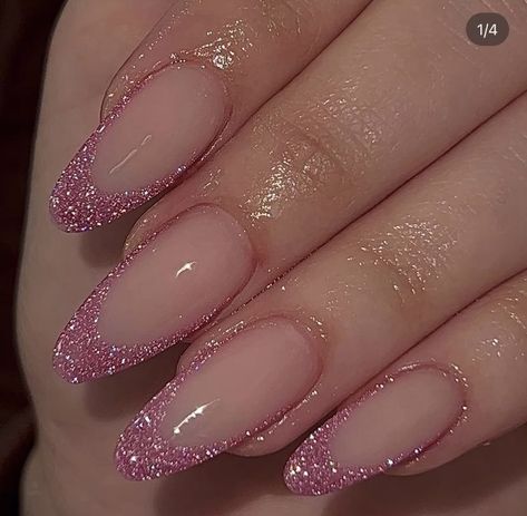 Glitter French Tips Acrylics Almond, Glitter Tips Almond Nails, Almond French With Glitter, Pink Glitter French Tips Almond, Pink Bday Nails Almond, Almond Nails Glitter French Tip, Almond Glitter French Tip Nails, Purple Glitter French Tips, Pink Prom Nails Almond