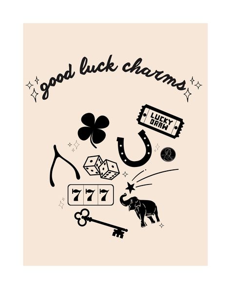 lucky charms <3 Luck Symbols, Luck Tattoos, Lucky Artwork, Lucky Charm Wallpaper, Lucky Seven, Born Lucky Tattoo, Lucky Charms Iphone Wallpaper, Lucky Illustration, Japanese Good Luck Charm Tattoo