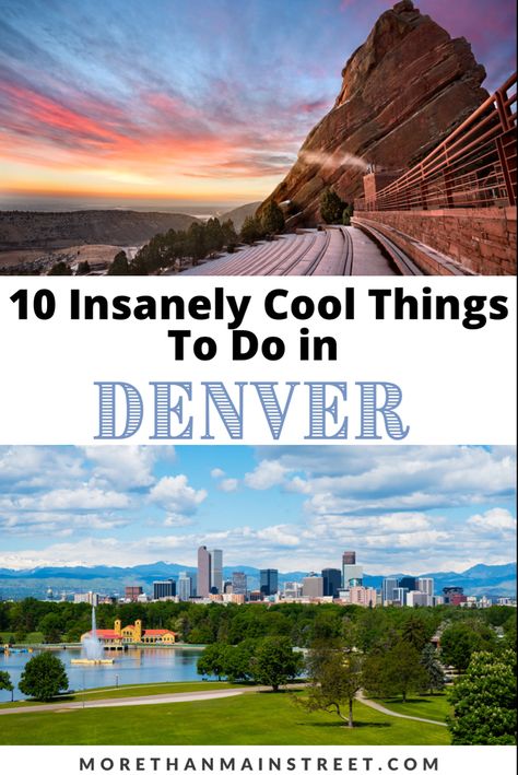 Two images- top image is of Ted Rocks amphitheater at sunset and bottom is a city/ park scene of Denver Colorado. Denver Colorado Vacation, Denver Travel Guide, Denver Things To Do, Day Trips From Denver, Denver Activities, Denver Vacation, Things To Do In Denver, Visit Denver, Denver Travel