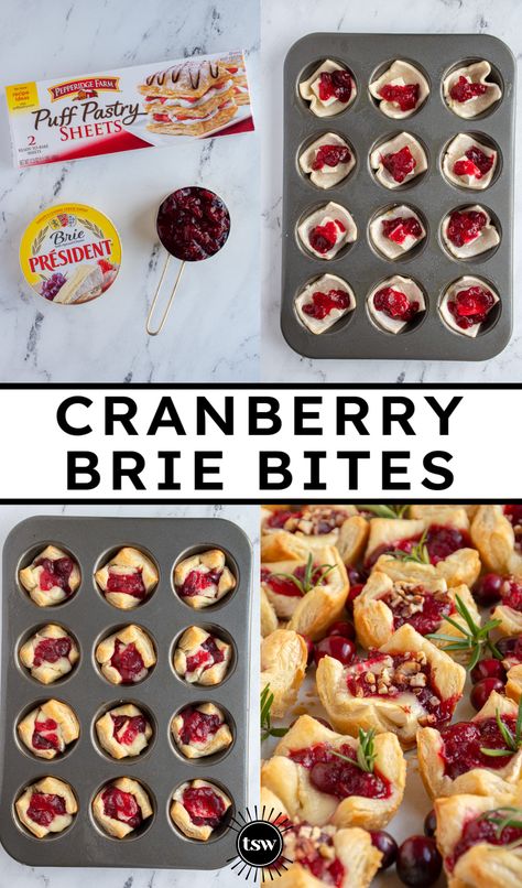 Easy Cranberry Brie Bites - The Schmidty Wife Cranberry Cream Cheese Crescent Bites, Turkey Cranberry Puff Pastry Bites, Brie And Fig Crostini, Pioneer Woman Brie Bites, Baked Brie Bites Crescent Rolls, French Onion Brie Bites, Cranberry Brie Bites With Puff Pastry, Crescent Brie Cranberry, Easy Christmas Treats Savory