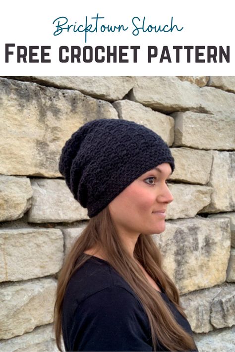 Introducing the Bricktown Slouch: one of the easiest slouchy beanie crochet patterns around. Classy and textured, it's a perfect starting point for beginners with only the single and double crochet techniques required. Measure as you go with our detailed sizing chart to ensure perfect gauge. Slouchy Hats Crochet Pattern Free, Crochet Slouchie Hat Free Pattern, Free Crochet Slouch Hat Patterns For Women, Crochet Rectangle Beanie, Crochet Beanie Pattern Free Slouchy, Crochet Slouch Hats Free Pattern Easy, Crochet Hats Slouchy, Ladies Beanies Crochet, Crochet Tube Hat Free Pattern