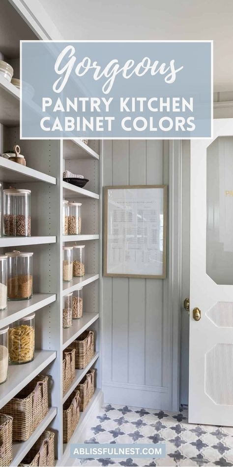 Get organized in style with these gorgeous pantry kitchen cabinet colors! A fresh coat of paint can transform your pantry from drab to fab, creating a space that's both functional and beautiful. Check out these inspiring ideas and give your pantry a makeover it deserves!  #pantrygoals #pantrycabinetcolors #kitchenrefresh Painted Pantry Cabinet, Pantry Paint Color Ideas, Colored Pantry Cabinets, Paint Colors For Pantry, Pantry Colour Schemes, Dark Painted Pantry, Painting Pantry Interior, Pantry Paint Colors Open Shelving, Painted Pantry Shelves