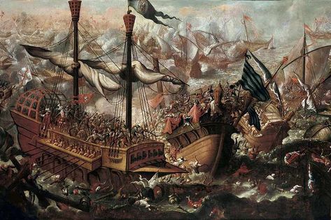 A painting of the battle of Lepanto vividly captures the chaotic melee as armoured Holy League soldiers rout Ottoman troops. (Fine Art Images/Heritage Images/Getty Images) Battle Of Lepanto, Ottoman Turks, Spiritual Images, Naval Force, Catholic Art, Caravaggio, Spiritual Life, Ancient Times, North Africa