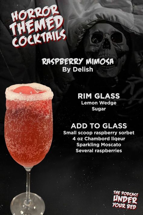 Dead Alive might be disgusting but this drink sure isn't! Grab a tall glass of this Raspberry Mimosa from Delish while listneing to us cover Peter Jackson's third ever film! *Sub out with brut champagne if you're not into the sweet stuff-Taylor #horrorcocktail #DeadAlivecocktail #Horrormovies #Braindead Raspberry Mimosa, Horror Birthday, Themed Cocktails, Slasher Horror, Dead Alive, Mix Drinks, Halloween Movie Night, Horror Party, Yummy Alcoholic Drinks