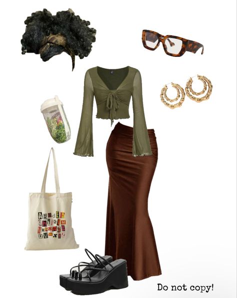 Court Guest Outfit, Boho Outfit Ideas Black Women, Psychic Outfit Aesthetic, Green And Brown Outfit Aesthetic, Thee Sacred Souls Concert Outfit, Sza Inspo Outfits, Jhene Aiko Concert Outfit Earthy, Botanical Gardens Outfit, Libra Venus Style Outfits