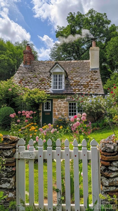 Nature Cottage Aesthetic, Cottage English Garden, Cottage European House, European Village Houses, Cottage With Flower Garden, Small Cottage Aesthetic, Garden Cottage Aesthetic, Tiny Cottage Exterior, Small House In Nature