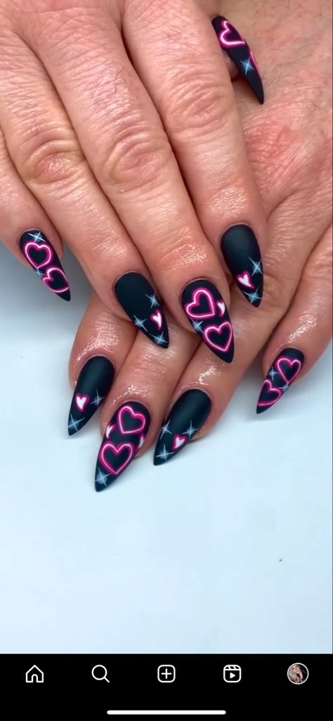 Neon Black Nails Designs, Black Pink Heart Nails, Edgy Valentines Day Nails, Hot Pink And Black Prom Nails, Purple Vday Nails, Valentines Nails Black And Pink, Gothic Valentine Nails, Halloween Valentines Nails, Valentines Day Nails Goth