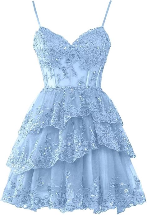 Amazon.com: Hanshi E-commerce Lavender Homecoming Dresses Short 2024 Glitter Lace Applique Tulle A-line Sleeveless Tiered Spaghetti Strap Open Back V-Neck Formal Mini Homecoming Dress for Teens US2 : Clothing, Shoes & Jewelry Short Dresses Sparkly, Light Blue Dresses Short, Light Blue Dress Formal Short, Cute Winter Formal Dresses, Light Blue Corset Dress, Corset Hoco Dress, Winterfest Dresses, Short Christmas Dresses, Light Blue Dress Short