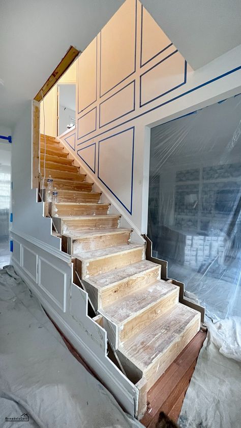 Staircase Makeover - Opening up the steps Remove Wall Add Stair Rail, Bottom Step Of Staircase, Staircase With No Railing, Stair Back Wall Design, Semi Open Staircase, Partial Open Staircase Ideas, Open Enclosed Staircase, How To Open Staircase Wall, Open A Staircase Wall