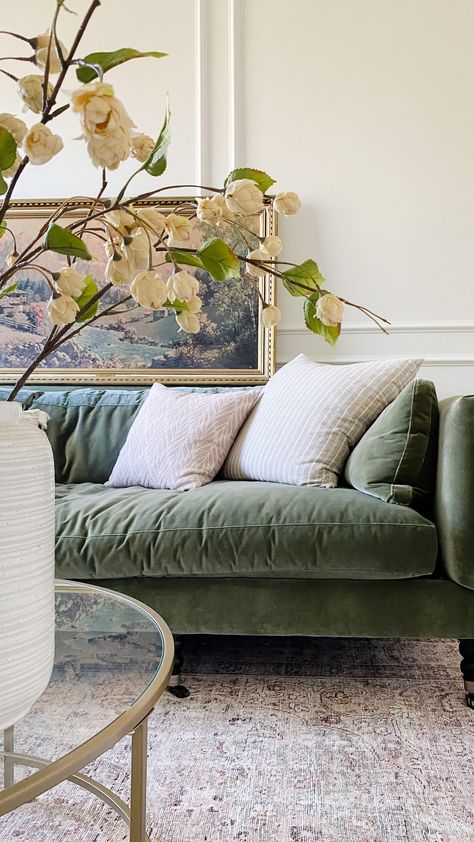 Green Velvet Chairs Living Room, Living Room With Sage Green Couch, Green Monochromatic Living Room, Green Sofa Bedroom, Sage Green French Country Living Room, Sage Velvet Sofa, Green Couches Living Room, Moss Green Couch, Green Sofa Living Room Ideas Decor