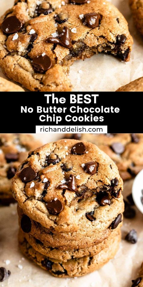 These no butter chocolate chip cookies are the easiest choc chip cookies ever! They are made with oil instead of butter and are so delicious, crispy on the edges, and perfectly chewy in the middle. No Butter Cookies Chocolate Chip, Cookies Oil No Butter, Healthy Chewy Chocolate Chip Cookies, Chocolate Chip Cookies With Oil Instead Of Butter, No Butter Chocolate Cookies, Simple Cookie Recipe No Butter, Butter Substitute Baking Cookies, One Stick Of Butter Cookies, Chocolate Chip Cookie No Butter