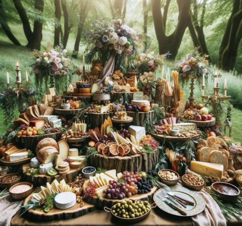 Enchanted Forest Buffet Table, Enchanted Forest Wedding Food, Cottagecore Wedding Food, Fantasy Wedding Food, Enchanted Forest Charcuterie Board, Viking Wedding Food, Fairytale Fall Wedding, Enchanted Forest Party Food, Forest Wedding Food