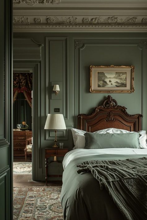 29 Dark Green Bedroom Ideas for a Cozy and Elegant Atmosphere 15 Dark Green Bedroom Decor, Bedroom Ideas Grey, Dark Green Bedroom Ideas, Dark Green Bedroom, Green Bedroom Ideas, Green Bedroom Decor, Myrtle Green, Cottagecore Home, Boho Bedroom Ideas