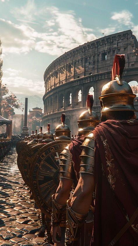 Roman Soldiers Marching: Roman soldiers in traditional armor march toward the Colosseum under a clear blue sky. #roman #soldiers #colosseum #armor #march #aiart #aiphoto #stockcake ⬇️ Download and 📝 Prompt 👉 https://stockcake.com/i/roman-soldiers-marching_640832_808494 Roman Empire Wallpaper, European Tribes, Ancient Carthage, Empire Wallpaper, Roman Colosseum, Medieval Artwork, Roman Soldier, Roman Warriors, Roman Legion