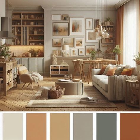 Earthy Colors for Living Room: Interior Harbor Mushroom Colored Living Room, Cozy Living Room Palette, Living Room With Colour Accents, Homey Earthy Living Room, Living Room Earth Tones Modern, Earthy Wood Living Room, Light Colored Walls Living Room, Cool Tone House Interior, Light Brown Couch Living Room Ideas Colour Schemes