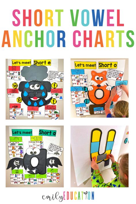 Short Vowel Anchor Charts Short O Sound Activities, Vowel Anchor Chart Kindergarten, Short A Anchor Chart First Grade, Short I Anchor Chart, Short A Vowel Activities, Kindergarten Lapbooks, Short A Anchor Chart, Short Vowel Anchor Chart, Vowels Chart For Kindergarten