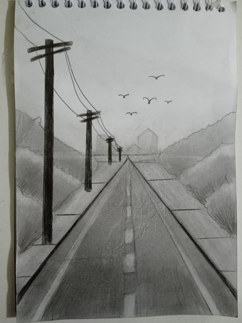 Easy Street Drawing, Over Lapping Drawing, Landscape Shading Drawing, Drawings Landscaping Easy, How To Draw Natural Scenery, Street Pencil Drawing, Landscapes To Draw Easy, Road Sketch Drawing, City Sketch Pencil Easy