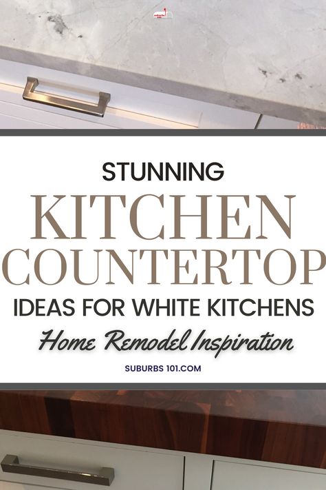 Looking for kitchen countertop ideas for your white kitchen? Whether you're drawn to the classic elegance of marble countertops, the rustic charm of butcher block countertops, the durability of marble-like quartz countertops, the modern look of black countertops, here are my favorite kitchen countertop designs that will make your home look luxurious. You'll find lots of kitchen counter ideas including kitchen island countertop ideas. Kitchen Counters With White Cabinets, Countertop Ideas For White Cabinets, Countertops For White Cabinets, Quartz Countertops With White Cabinets, Kitchen Island Countertop Ideas, Island Countertop Ideas, White Countertops Kitchen, Kitchen Counter Ideas, Counter Tops Kitchen