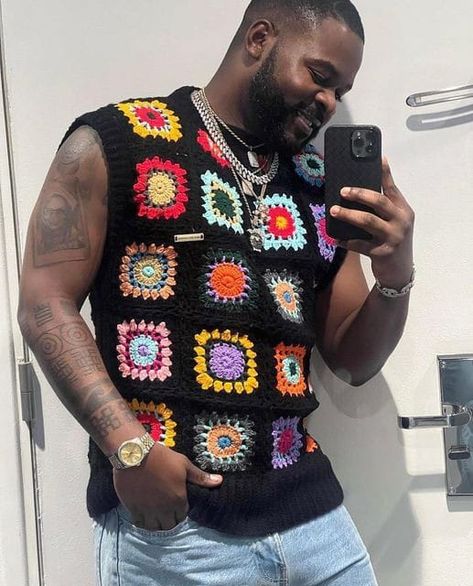 Crochet Guys Clothes, Men In Crochet, Men Crochet Cardigan, Crochet Idea For Men, Men’s Crochet Vest, Crochet Stuff For Men, Guy Crochet Gifts, Crochet Outfits For Men, Mens Crochet Vest