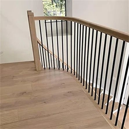 Wendes Kem Iron Balusters Set | Wayfair Metal Stair Spindles, Modern Farmhouse Staircase, Black Stair Railing, Indoor Railing, Metal Stair Railing, Metal Balusters, Interior Stair Railing, Stair Balusters, Wood Handrail