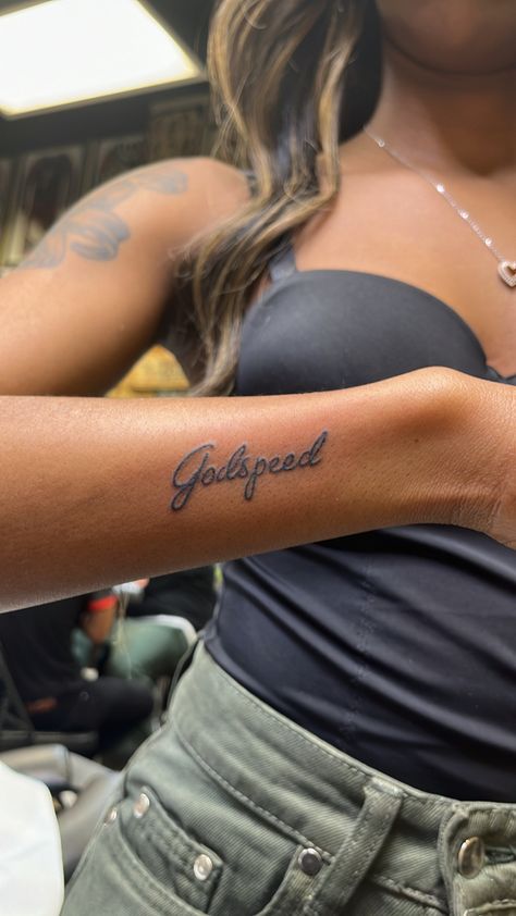 God First Tattoos Women, Wishing You Godspeed Tattoo, Simple And Meaningful Tattoos, Black Women Small Tattoos, Godspeed Tattoo Font, Godspeed Hand Tattoo, He Loved Me First Tattoo, Gods Speed Tattoos, Godspeed Tattoo Meaning