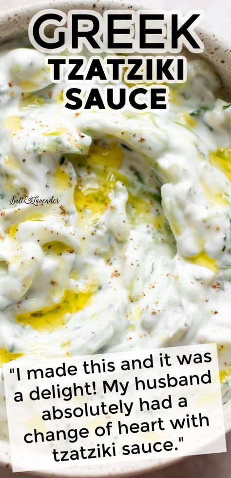 closeup of a bowl of dip with text overlay that reads greek tzatziki sauce - "I made this and it was a delight! My husband absolutely had a change of heart with tzatziki sauce." Easy Taziki Sauce, Taziki Recipe, Tzatziki Sauce Recipe Easy, Greek Tzatziki, Greek Sauce, Tzatziki Recipe, Tzatziki Sauce Recipe, Mediterranean Diet Recipes Dinners, Homemade Tzatziki Sauce