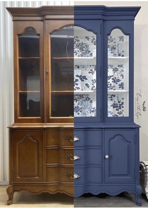 Refinish Old China Cabinet, Upcycling Furniture Before And After, China Cabinet Color Ideas, Painted China Cabinets Ideas, Blue Painted China Cabinet, China Cabinet Before And After, Wallpaper In China Cabinet, Painting China Cabinet Ideas, Painting China Cabinet