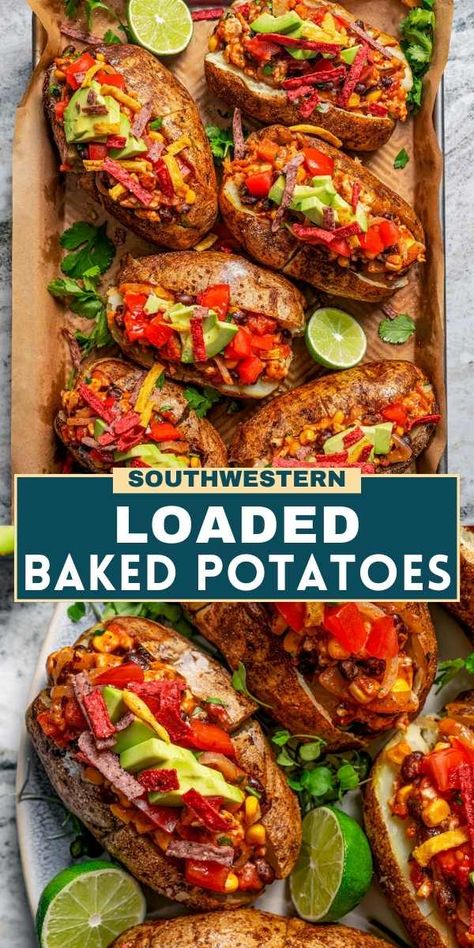 These southwestern Loaded Baked Potatoes are filled to the rim with smokey ground turkey, black beans, and melty cheese. Don't forget to add creamy avocado and crispy tortilla chips on top. They're perfect for an upcoming game day. Stuffed Baked Potatoes Main Dishes, Ground Turkey Black Beans, Potato Filling Recipe, Diethood Recipes, Potato Party, Potatoes Loaded, Baked Potato Toppings, Loaded Potatoes, Burger Side Dishes