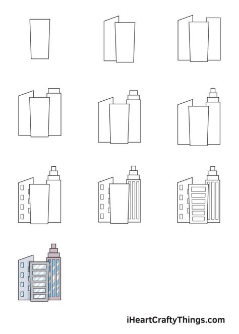 Buildings Drawing — How To Draw Buildings Step By Step 3d Drawings Building, Easy Buildings To Draw, Drawing With Shapes Art Projects, How To Draw A Building Step By Step, How To Draw A Building, How To Draw Buildings Step By Step, How To Draw Houses, Easy Building Drawings, Building Drawing Easy