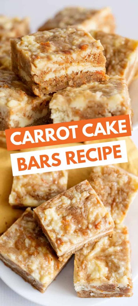 Carrot Cake Bars - These carrot cake bars are so moist and delicious! They have a sprinkle of cinnamon and a cheesecake swirl in them. They're the perfect Easter dessert bars. #easterrecipes #easter #bars #desserts #dessertfoodrecipes #dessertrecipes #desserttable #dessertideas #cookiedoughandovenmitt Easter Dessert Bars, Carrot Cake Bars Recipe, Easter Bars, Grill Dessert, Cake Bars Recipe, Carrot Cake Bars, Cream Cheese Bars, Desserts Keto, Cake Cheesecake