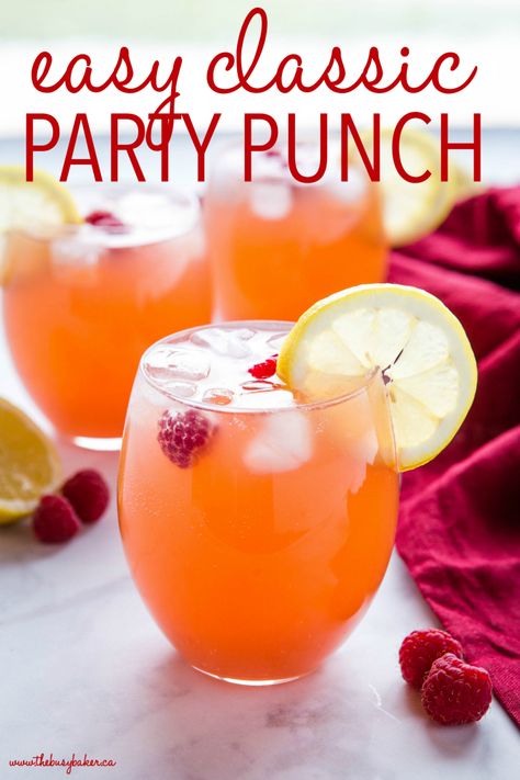 This Easy Party Punch Recipe is a super quick and easy drink recipe that's great for entertaining, holidays, or any celebration! It's kid-friendly, packed with fruit flavour, and made with only 4 ingredients! Recipe from thebusybaker.ca! #party #punch #holiday #fruit #cranberry #lemon #lime #easter #christmas #birthday Sangria Punch Recipes, Punch For Kids Party, Easy Punch Recipes Non Alcoholic, Fall Party Punch, Spring Punch Recipes, Easter Punch Recipes, Punch Recipes Non Alcoholic, Birthday Punch, Easter Punch