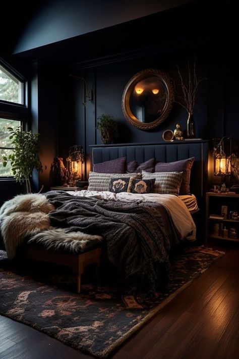 17 Dark And Moody Bedroom Ideas That Are Super Cozy Gothic Nature Aesthetic Bedroom, Black Attic Bedroom, Earthy Home Decor Ideas, Minimalist Goth Bedroom, Dark Bedroom Ideas For Couples, Seductive Bedroom Ideas Romantic, Bedroom Black Bed, Moody Bedrooms, Goth Bedroom Ideas