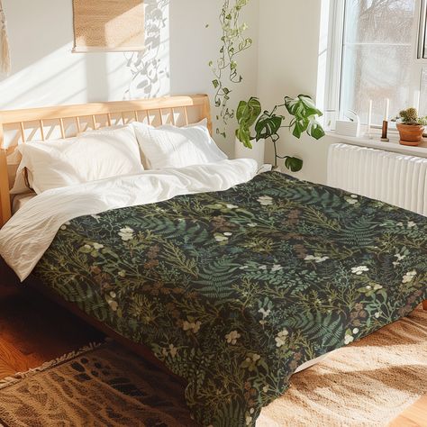 A custom printed duvet cover, with a beautiful dark green botanical pattern.  PROPERTIES: - Hidden zipper closure.  - Insert not included. - Includes interior ties in each corner. - Single sided print, the duvet cover is white inside.  - Printed using non-toxic inks. SIZE OPTIONS:     - Twin: 68" x 88" (173cm x 223.5cm),     - Twin XL: 68" x 92" (173cm x 234cm),     - Queen: 88" x 88" (223.5cm x 223.5cm),      - King: 104" x 88" (264cm x 223.5cm) MATERIAL PROPERTIES: The cover is made from micro Green Pattern Duvet Cover, Dark Green Floral Bedding, Black And Green Bedding, Dark Green Bedding Aesthetic, Moody Bedding Sets, Dark Bedspread, Dark Green Duvet, Nature Bedding, Green Floral Bedding