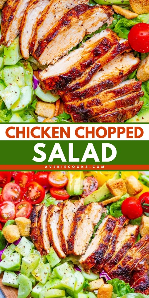 Don't miss out on this chicken chopped salad recipe! It's a dinner salad with juicy oven-baked chicken. Finished with a honey apple cider vinaigrette, this is the BEST chopped chicken salad! Enjoy this quick and easy meal for tonight! How To Make Chicken For Salad, Chicken For Salads How To Cook, Healthy Chicken For Salads, Best Chicken Recipe For Salads, Chicken Thigh For Salad, Easy Chicken For Salads, Baked Chicken Recipes For Salad, Salad W Chicken, Salad With Baked Chicken