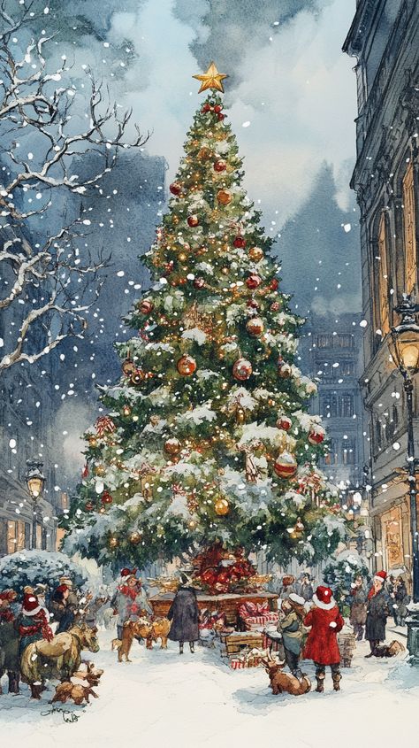 ✨🎄 Step into a whimsical winter wonderland! This enchanting Victorian-style Christmas tree lights up the snowy public square, surrounded by fluffy woodland creatures and delicate snowflakes. ❄️🐾 The soft hues of a watercolor painting capture the magic of the season. Let the holiday spirit fill your heart! ❤️🌟 #ChristmasMagic #VictorianStyle #WinterWonderland... Victorian Christmas Aesthetic Wallpaper, Xmas Aesthetic Vintage, Christmas Wallpaper Android, Christmas Tree Stands, Snow Covered Christmas Trees, Christmas Tree Light Up, City Square, Snowy Christmas Tree, Christmas Cards Kids