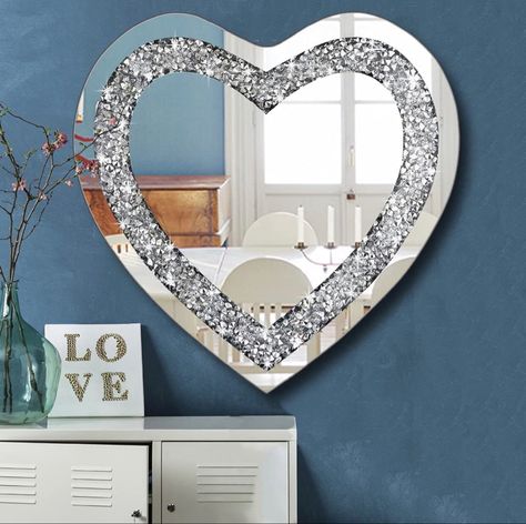 DMDFIRST Crystal Crush Diamond Heart Shaped Silver Mirror for Wall Decoration 24x24x1 inch Wall Hang Frameless Mirror Acrylic Diamond Décor Glam Mirror, Mirror For Wall, Crushed Diamonds, Diamond Wall, Heart Mirror, Diamond Mirror, Diamond Decorations, Frameless Mirror, Decorative Mirror