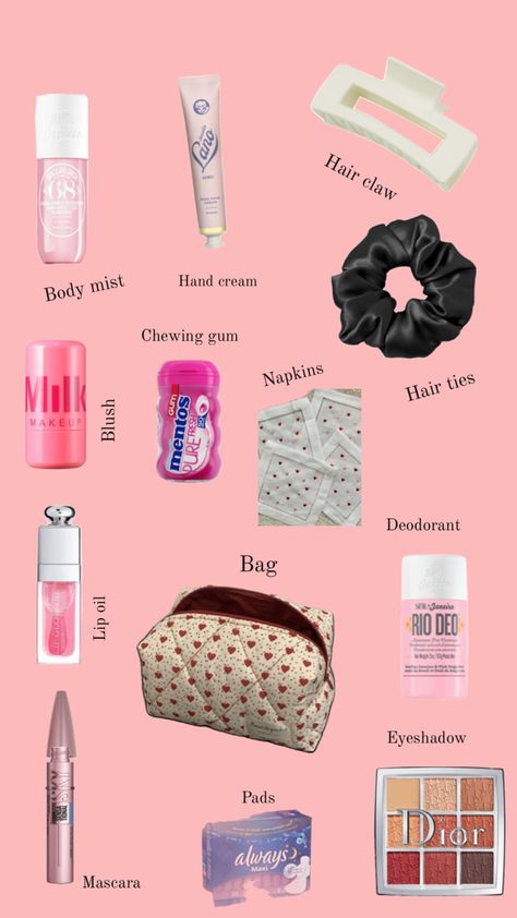 🎀🫶🏻🌸💫 Makeup Bag Essentials School, Makeup Bag Must Haves, Stay The Night Bag Essentials, School Toiletry Bag List, Makeup Bag For School, Purse Essentials List, Travel Makeup Bag Essentials, School Pouch, School Backpack Essentials